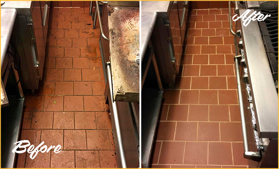 Before and After Picture of a Centreville Restaurant Kitchen Tile and Grout Cleaned to Eliminate Dirt and Grease Build-Up