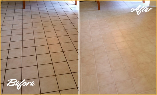 Before and After Picture of a Machipongo Kitchen Tile and Grout Cleaned to Remove Embedded Dirt