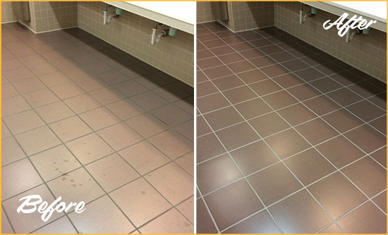 Before and After Picture of a Stockton Restrooms Tile and Grout Cleaned to Remove Embedded Dirt