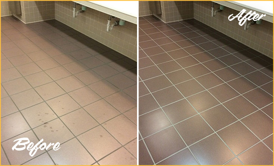 Before and After Picture of a Bloxom Restrooms Tile and Grout Cleaned to Remove Embedded Dirt