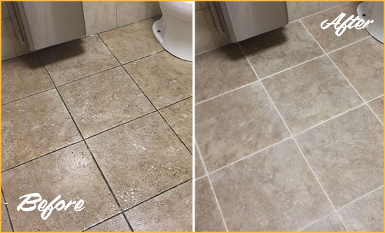 Before and After Picture of a Tylerton Restroom Tile and Grout Cleaned to Remove Soil