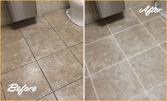 Before and After Picture of a Crisfield Restroom Tile and Grout Cleaned to Remove Soil