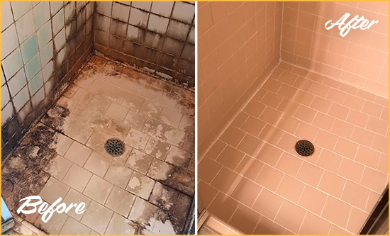 Before and After Picture of a Whaleyville Shower Tile and Grout Cleaned to Repair Water Damage