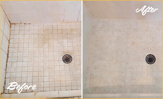 Before and After Picture of a Sherwood Shower Caulked to Fix Cracks