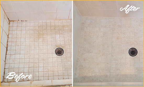 Before and After Picture of a Hebron Shower Caulked to Fix Cracks