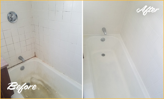 Before and After Picture of a Saint Michaels Bathtub Caulked to Repair Cracks