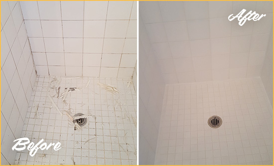 Before and After Picture of a Church Creek Bathroom Re-Caulked To Repair Damaged Caulking