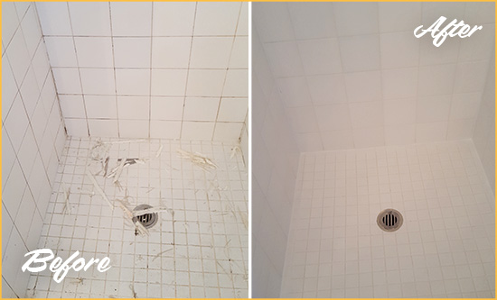 Before and After Picture of a Wallops Island Bathroom Re-Caulked To Repair Damaged Caulking