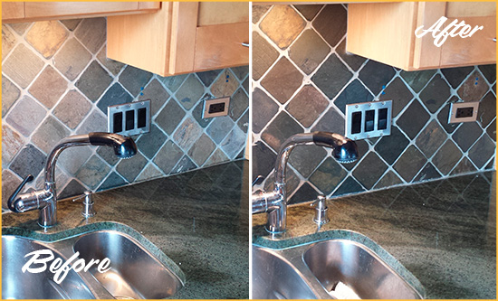 Before and After Picture of a Birdsnest Backsplash Caulked to Fix and Prevent Water Leaks