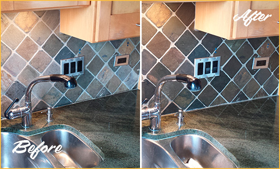 Before and After Picture of a Bozman Backsplash Caulked to Fix and Prevent Water Leaks