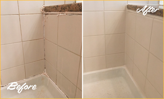 Before and After Picture of a Quantico Shower Caulked to Repair Damaged Caulking