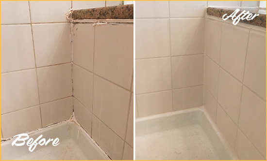 Before and After Picture of a Mears Shower Caulked to Repair Damaged Caulking