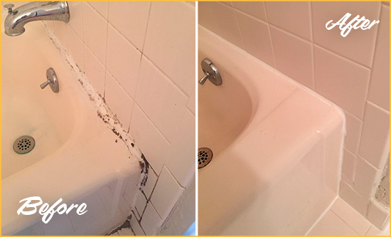 Before and After Picture of a Birdsnest Bathroom Sink Caulked to Fix a DIY Proyect Gone Wrong