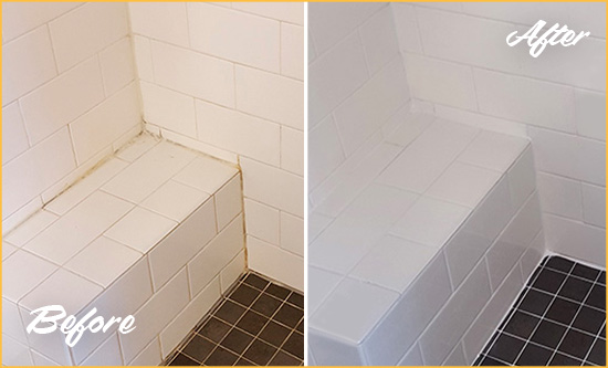 Before and After Picture of a Mears Shower Seat Caulked to Protect Against Mold and Mildew Growth