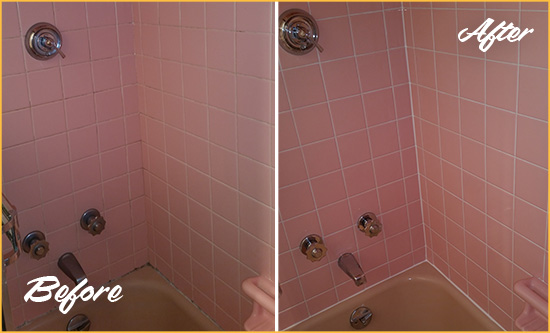 Before and After Picture of a Tylerton Bathtub Caulked to Eliminate Mold