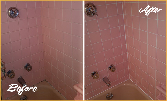 Before and After Picture of a Linkwood Bathtub Caulked to Eliminate Mold