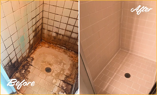 Before and After Picture of a Deal Island Shower Caulked to Fix and Prevent Water Damage