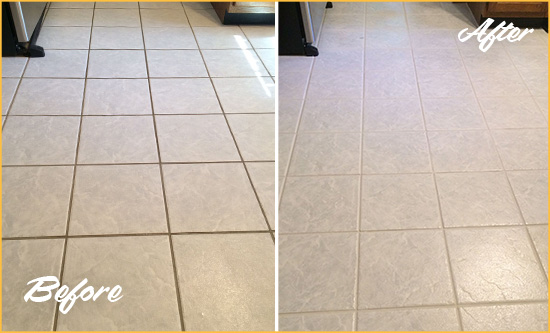 Before and After Picture of a Nassawadox Kitchen Ceramic Floor Sealed to Protect From Dirt and Spills