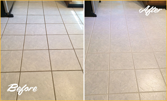 Before and After Picture of a Melfa Kitchen Ceramic Floor Sealed to Protect From Dirt and Spills