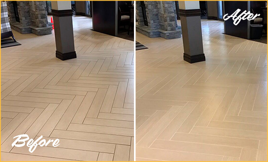 Before and After Picture of a Dirty Machipongo Ceramic Office Lobby Sealed For Extra Protection Against Heavy Foot Traffic