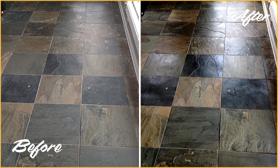 Before and After Picture of a Dull Hallwood Slate Floor Sealed to Bring Back Its Colors