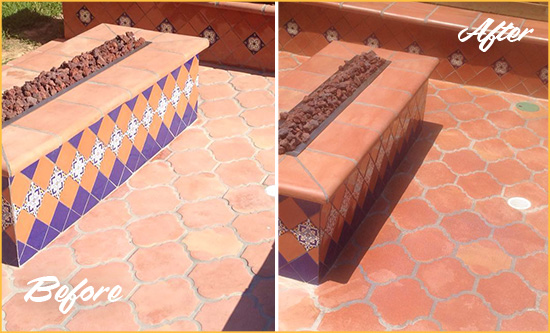 Before and After Picture of a Dull Saint Michaels Terracotta Patio Floor Sealed For UV Protection
