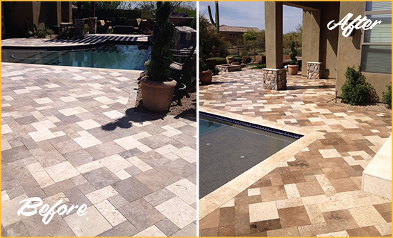 Before and After Picture of a Faded Pittsville Travertine Pool Deck Sealed For Extra Protection