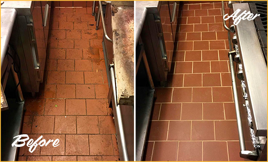 Before and After Picture of a Locustville Restaurant Kitchen Floor Sealed to Remove Soil