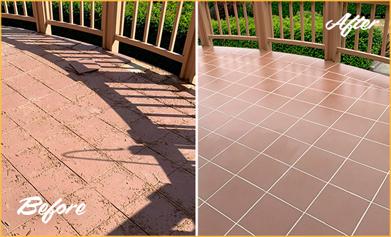 Before and After Picture of a Madison Hard Surface Restoration Service on a Tiled Deck