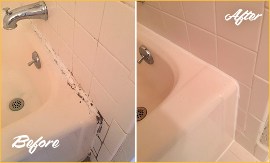 Before and After Picture of a Woolford Hard Surface Restoration Service on a Tile Shower to Repair Damaged Caulking