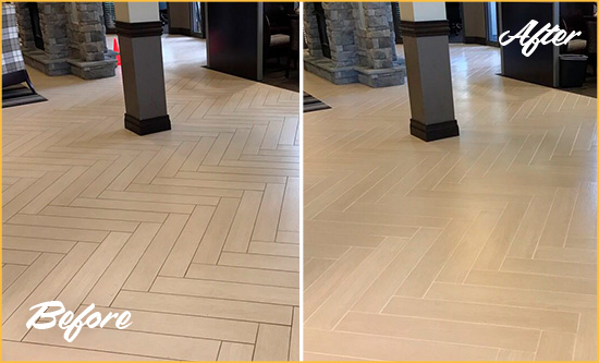 Before and After Picture of a Queen Anne Hard Surface Restoration Service on an Office Lobby Tile Floor to Remove Embedded Dirt