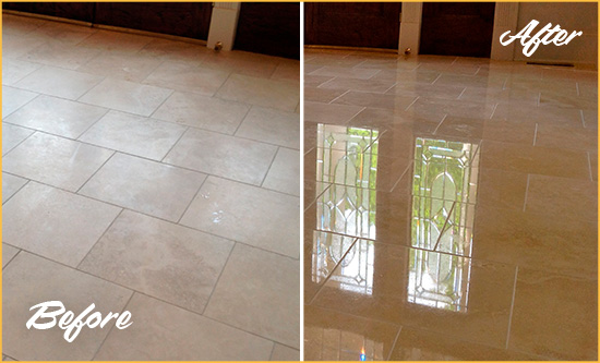 Before and After Picture of a Sanford Hard Surface Restoration Service on a Dull Travertine Floor Polished to Recover Its Splendor