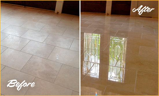 Before and After Picture of a Saint Michaels Hard Surface Restoration Service on a Dull Travertine Floor Polished to Recover Its Splendor