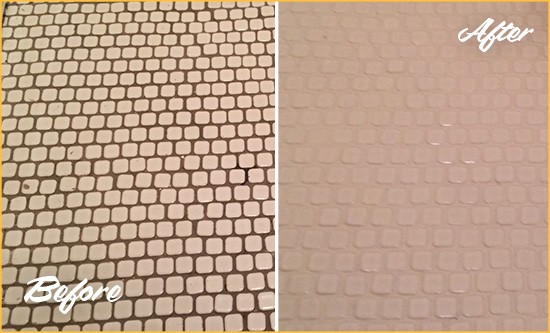 Before and After Picture of a Berlin Hard Surface Restoration Service on a Bathroom Tile Floor Recolored to Fix Grout Color