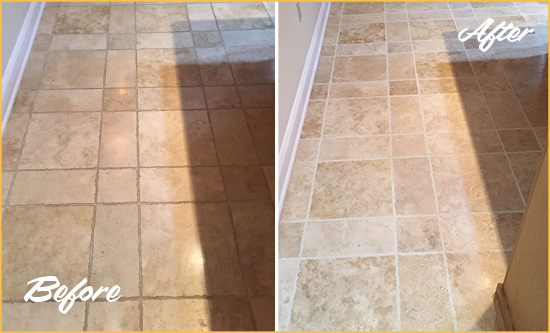 Before and After Picture of Crapo Kitchen Floor Grout Cleaned to Recover Its Color