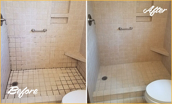 Before and After Picture of a Oak Hall Shower Grout Cleaned to Remove Mold