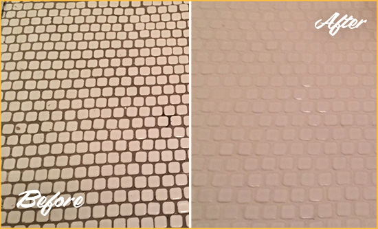 Before and After Picture of a Ridgely Mosaic Tile floor Grout Cleaned to Remove Dirt