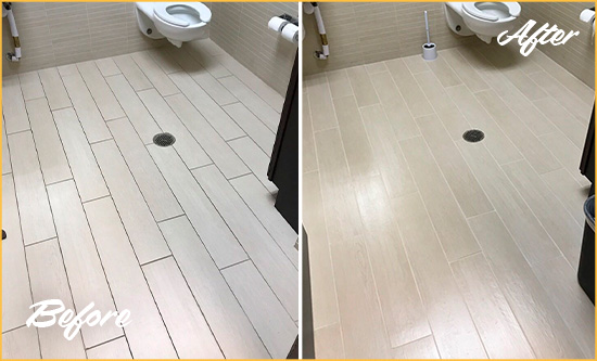 Before and After Picture of a Chincoteague Island Office Restroom's Grout Cleaned to Remove Dirt