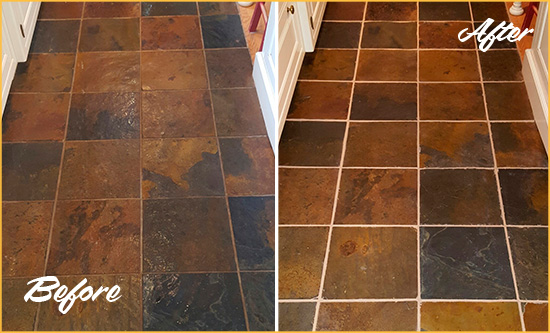 Before and After Picture of Cordova Slate Floor Grout Cleaned to Remove Dirt