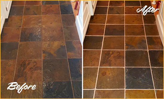 Before and After Picture of Crocheron Slate Floor Grout Cleaned to Remove Dirt