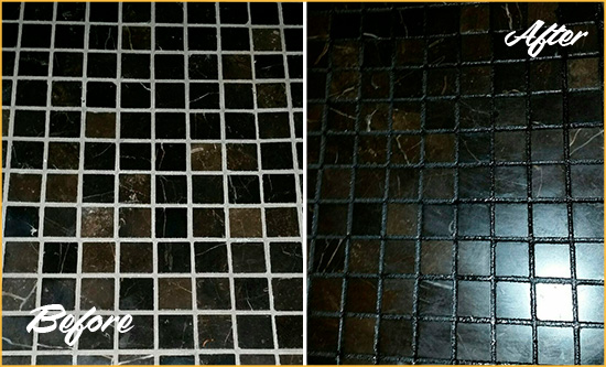 Before and After Picture of a Cape Charles Black Floor with Recolored Grout