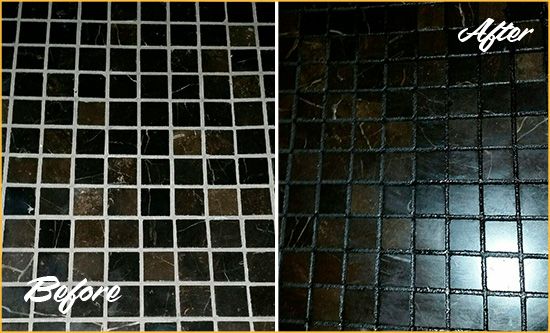 Before and After Picture of a Secretary Black Floor with Recolored Grout