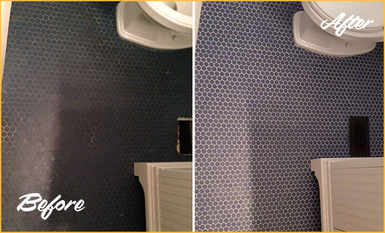 Before and After Picture of a Oak Hall Blue Tile Floor Recolored Grout