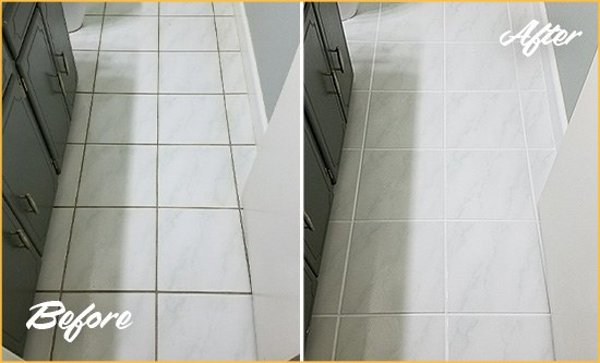 Before and After Picture of a Hebron White Ceramic Tile with Recolored Grout