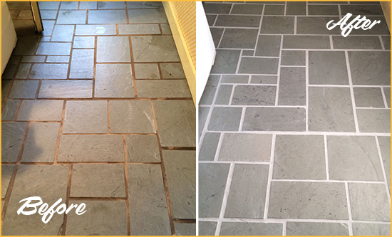 Before and After Picture of Damaged Cape Charles Slate Floor with Sealed Grout