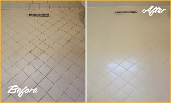 Before and After Picture of a Hebron White Bathroom Floor Grout Sealed for Extra Protection