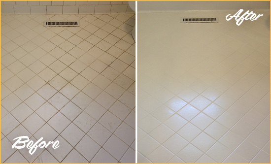 Before and After Picture of a Crisfield White Bathroom Floor Grout Sealed for Extra Protection