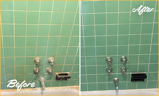 Before and After Picture of a Pittsville Bath Tub Grout Sealed to Avoid Water Damage