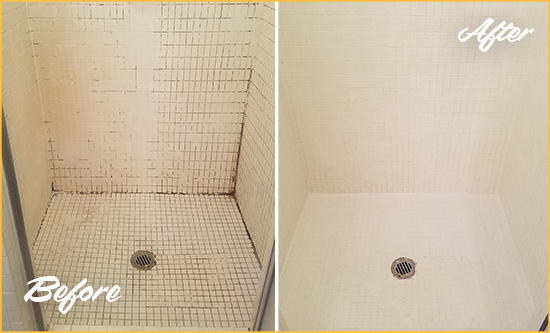Before and After Picture of a Ewell Bathroom Grout Sealed to Remove Mold