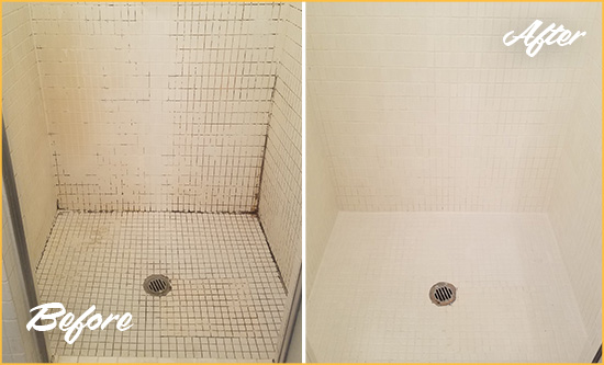 Before and After Picture of a Whaleyville Bathroom Grout Sealed to Remove Mold